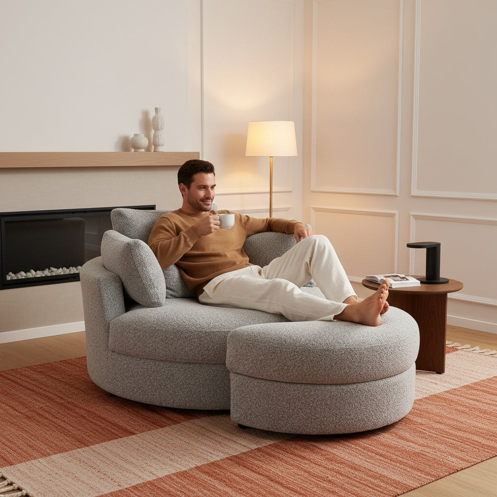 The Sienna Swivel Sofa + Ottoman in Moonstone